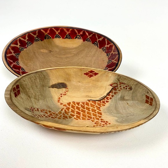 African Handcarved/Handpainted Wooden Oval Bowls (Set of 2) Giraffe/Ethnic - Picture 3 of 9